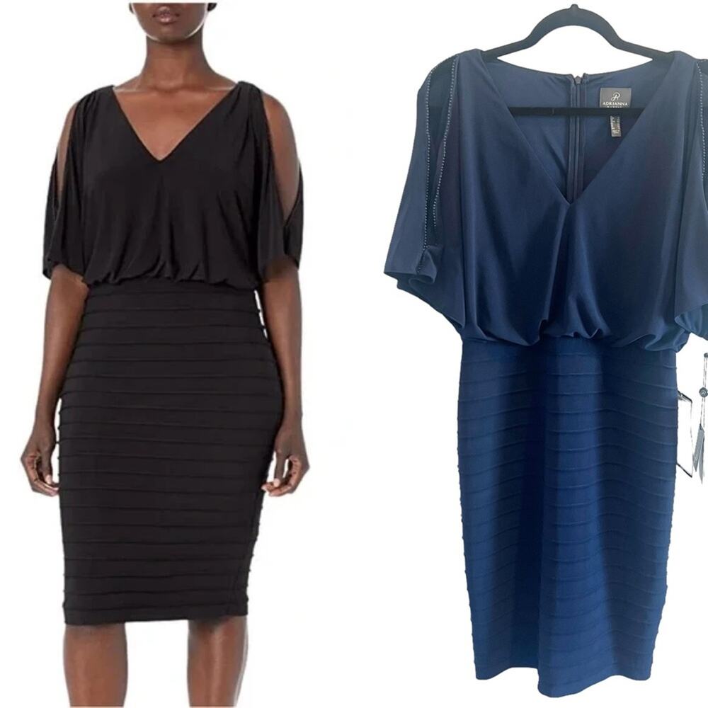 NWT $159 Adrianna Papell Beaded Trim Pintucked Dress Navy blue Size 8